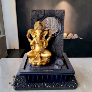 Ganesha Rain Curtain Fountain with large golden idol and circular arch waterfall