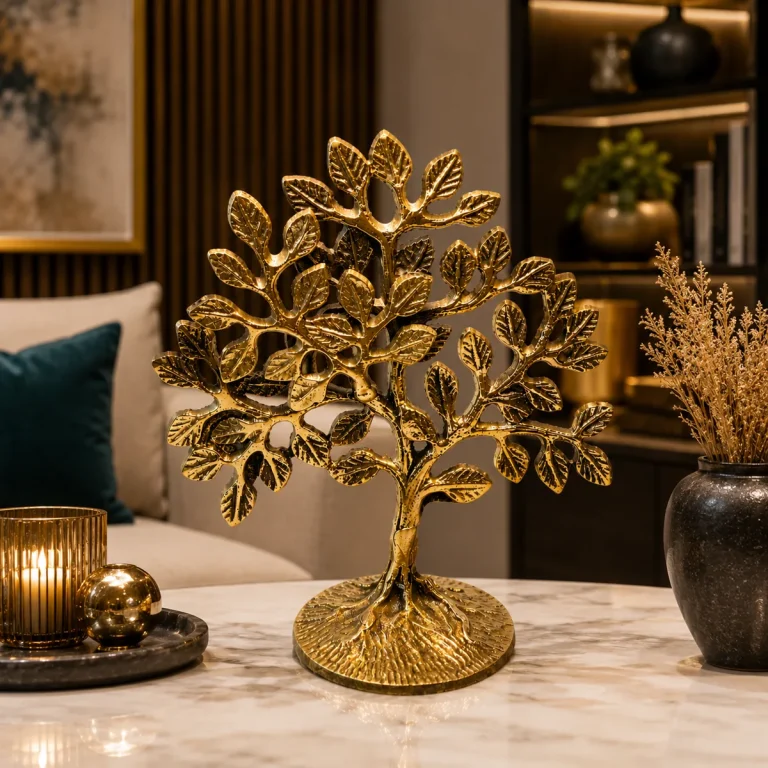 Pure Brass Tree of Life Tabletop Showpiece with Intricate Leaf Design