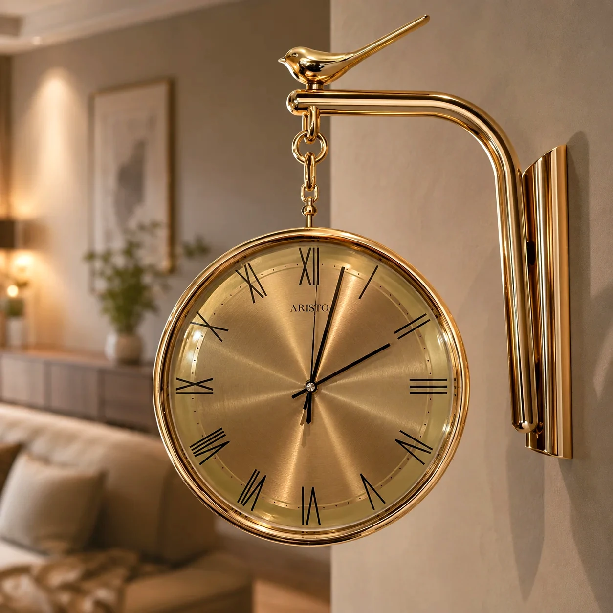 Luxury Double-Sided Station Clock Antique Gold Metal Wall Clock with Bird Figurine for Living Room Décor