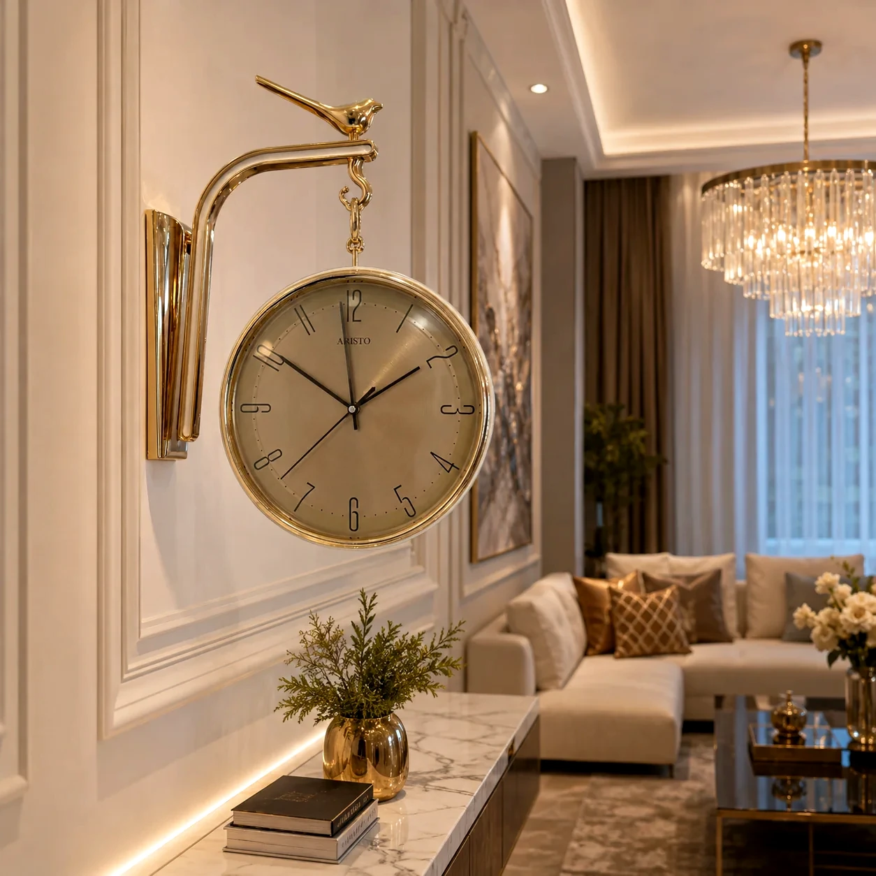 Antique Gold Double-Sided Station Clock Hanging Above Console Table in Luxury Interior