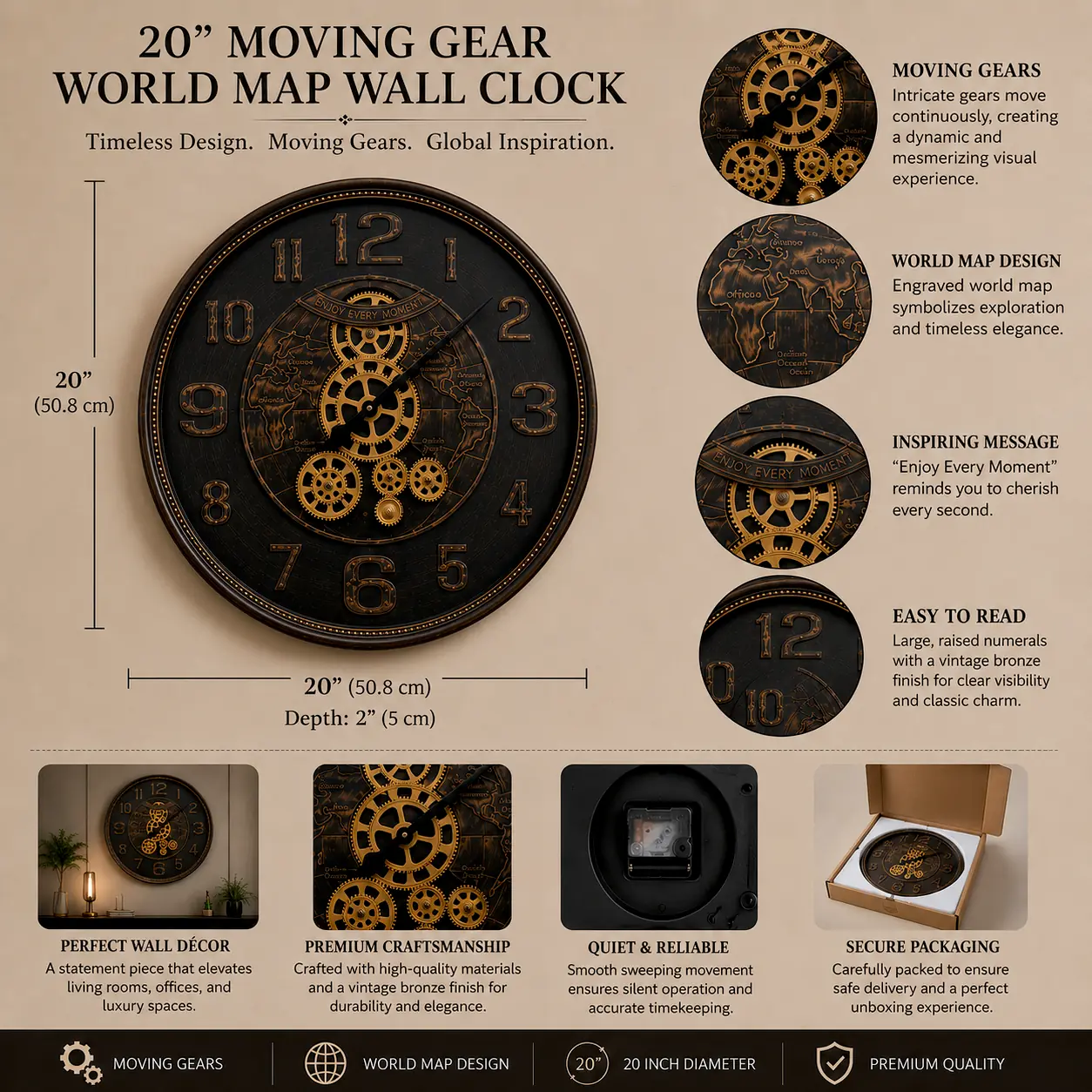 Antique bronze world map wall clock with rotating gears and large vintage numerals