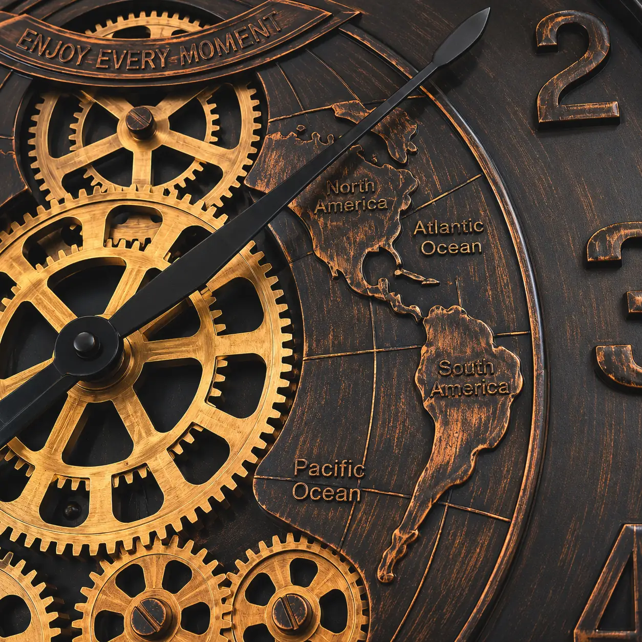 Decorative world map wall clock with moving gears and glass-covered antique bronze dial