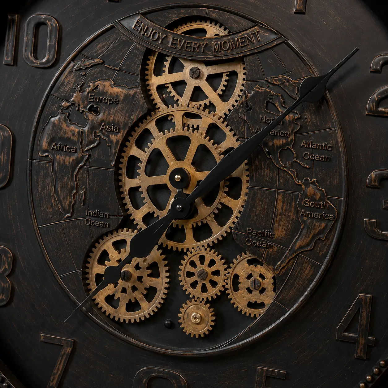 Luxury steampunk world map wall clock featuring rotating gears and antique bronze finish