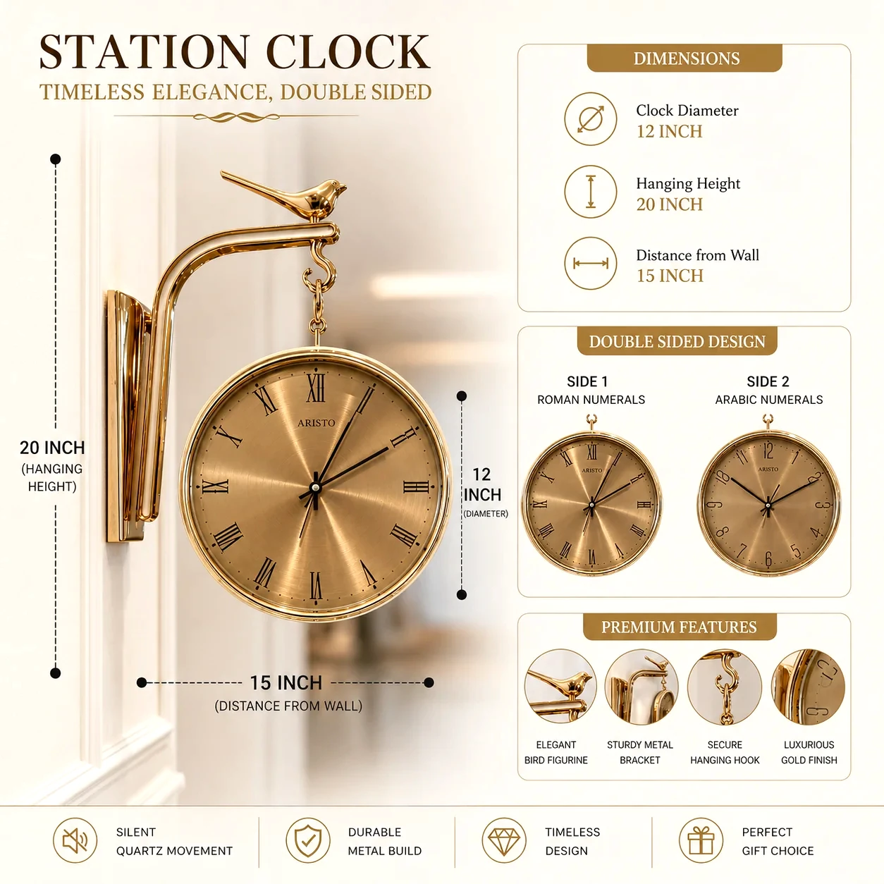 Vintage Railway Style Double-Sided Wall Clock with Decorative Bird and Antique Gold Finish